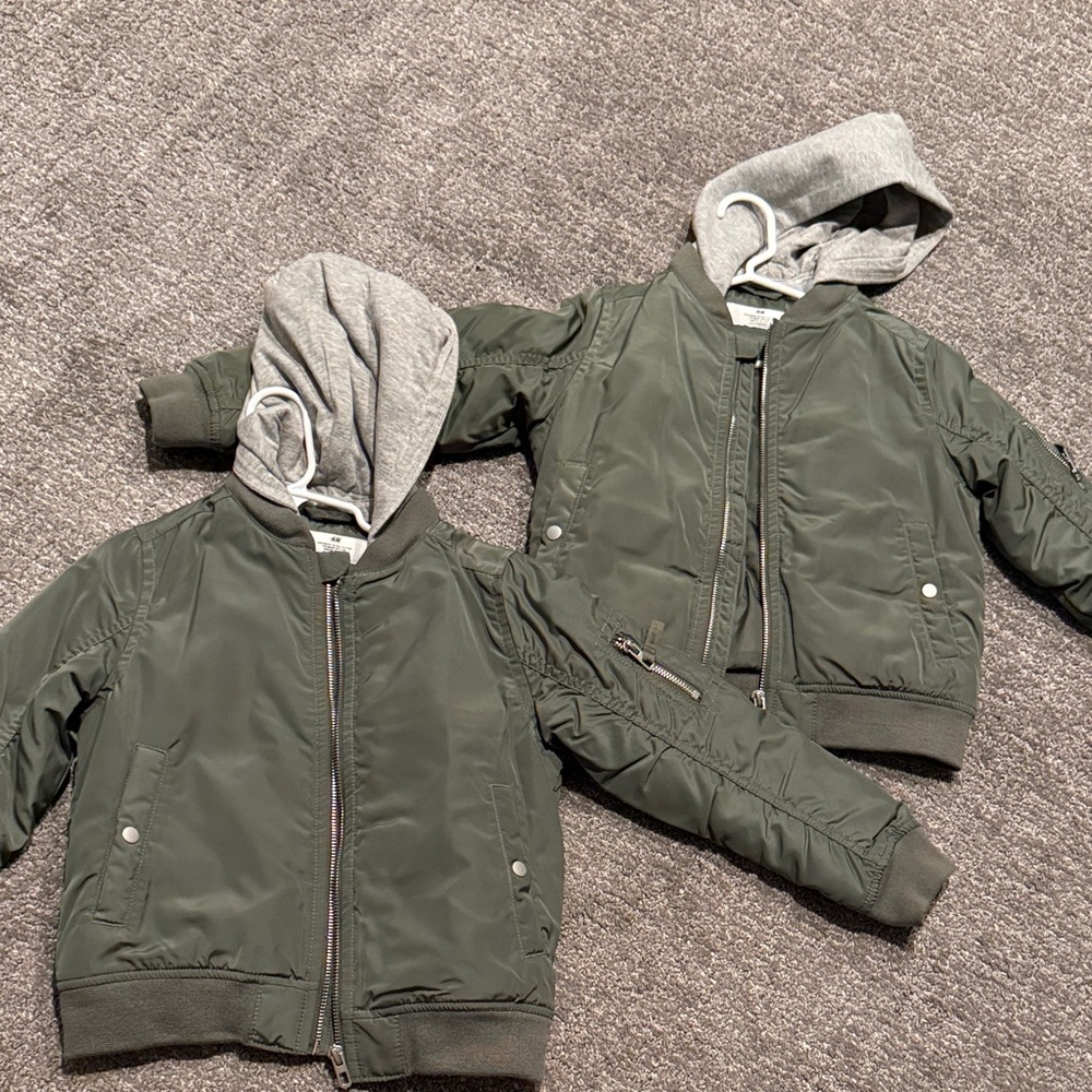 H&M Kids Green Bomber Jacket with Gray Hood